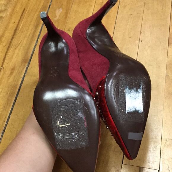 5 Wine Red Suede & Patent studded Pumps Tory Burch - Picture 6 of 8